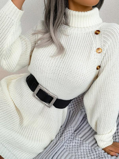 Women's Casual Button High Neck Long Sleeve Bottomed Fur Dress - Shello's Creative Boutique