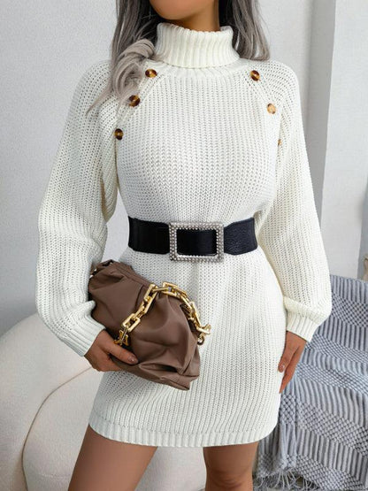 Women's Casual Button High Neck Long Sleeve Bottomed Fur Dress - Shello's Creative Boutique