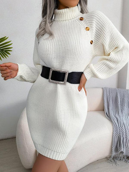 Women's Casual Button High Neck Long Sleeve Bottomed Fur Dress - Shello's Creative Boutique