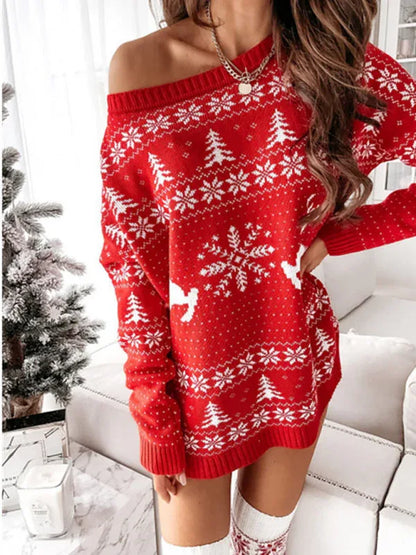 Women's Christmas Knit Dress - Jacquard Loose Knit Long Sleeve Dress - Shello's Creative Boutique