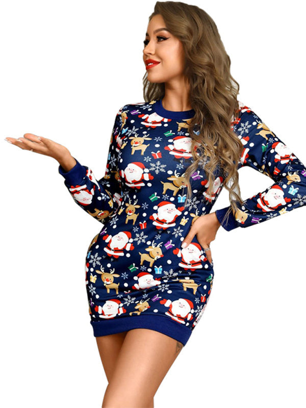 Women's Christmas Print Round Neck Long Sleeve Pack Hip Dress Shello's Creative Boutique