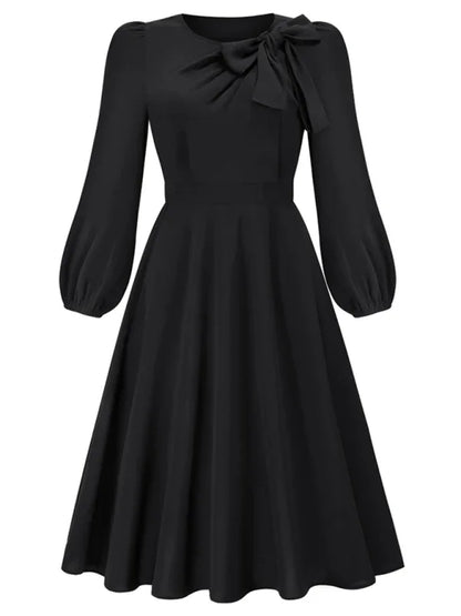 Women's A-Line Mid-Length Dress with Round Neck and Bow - Timeless Elegance - Shello's Creative Boutique