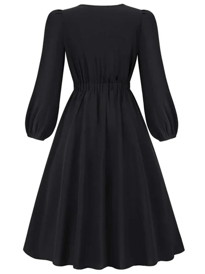 Women's A-Line Mid-Length Dress with Round Neck and Bow - Timeless Elegance - Shello's Creative Boutique