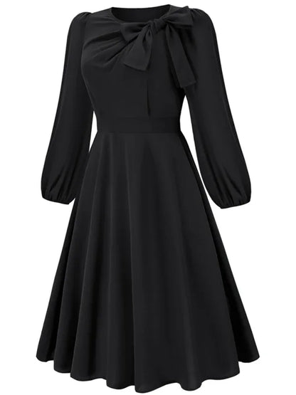 Women's A-Line Mid-Length Dress with Round Neck and Bow - Timeless Elegance - Shello's Creative Boutique