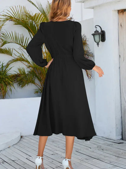 Women's A-Line Mid-Length Dress with Round Neck and Bow - Timeless Elegance - Shello's Creative Boutique