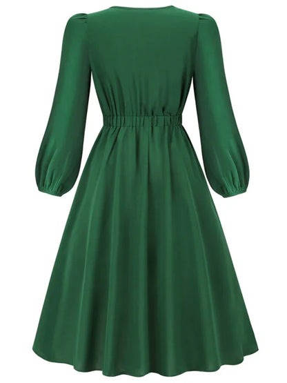 Women's A-Line Mid-Length Dress with Round Neck and Bow - Timeless Elegance - Shello's Creative Boutique