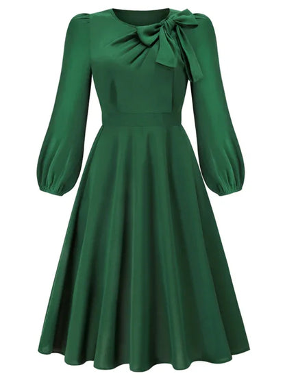 Women's A-Line Mid-Length Dress with Round Neck and Bow - Timeless Elegance - Shello's Creative Boutique