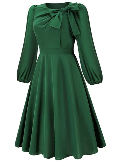 Women's A-Line Mid-Length Dress with Round Neck and Bow - Timeless Elegance - Shello's Creative Boutique