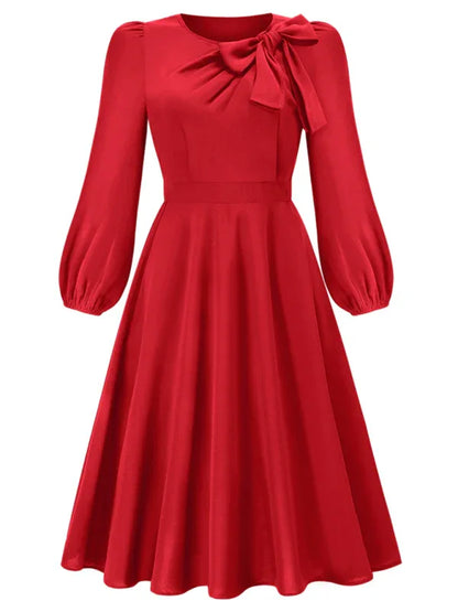 Women's A-Line Mid-Length Dress with Round Neck and Bow - Timeless Elegance - Shello's Creative Boutique