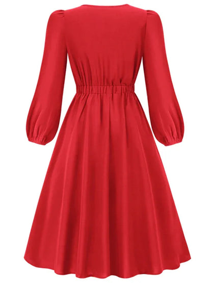 Women's A-Line Mid-Length Dress with Round Neck and Bow - Timeless Elegance - Shello's Creative Boutique