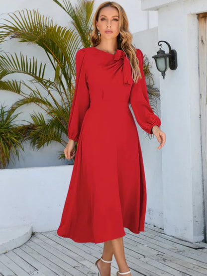 Women's A-Line Mid-Length Dress with Round Neck and Bow - Timeless Elegance - Shello's Creative Boutique