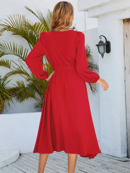 Women's A-Line Mid-Length Dress with Round Neck and Bow - Timeless Elegance - Shello's Creative Boutique