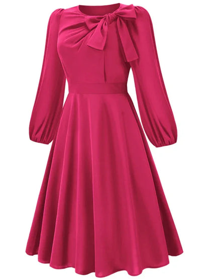 Women's A-Line Mid-Length Dress with Round Neck and Bow - Timeless Elegance - Shello's Creative Boutique