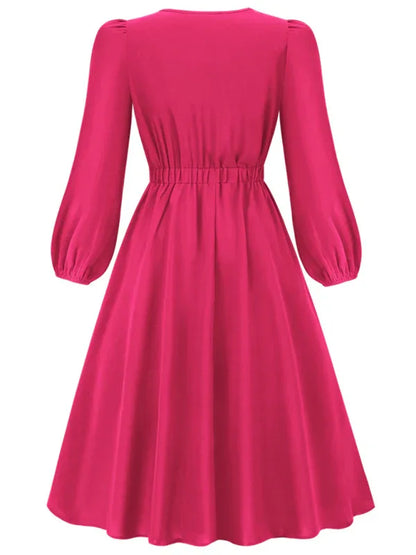 Women's A-Line Mid-Length Dress with Round Neck and Bow - Timeless Elegance - Shello's Creative Boutique