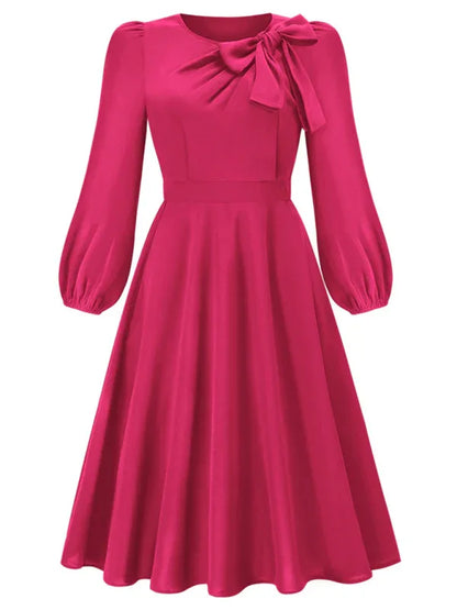 Women's A-Line Mid-Length Dress with Round Neck and Bow - Timeless Elegance - Shello's Creative Boutique