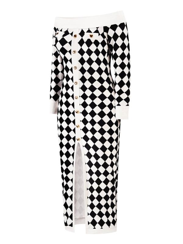 Women's sexy strapless long-sleeved plush knitted plaid dress Shello Creative Boutique