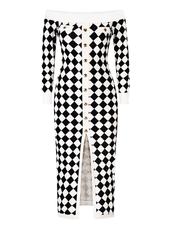 Women's sexy strapless long-sleeved plush knitted plaid dress Shello Creative Boutique