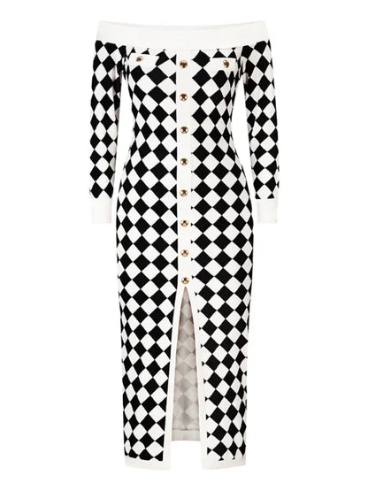 Women's Strapless Plush Knitted Plaid Dress with Long Sleeves - Shello's Creative Boutique
