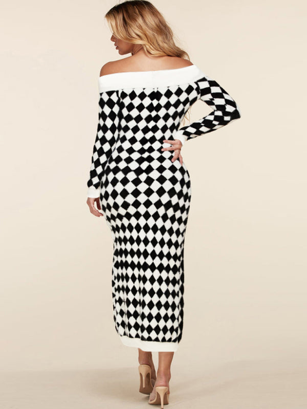 Women's sexy strapless long-sleeved plush knitted plaid dress Shello Creative Boutique