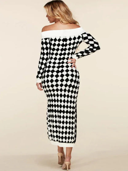 Women's Strapless Plush Knitted Plaid Dress with Long Sleeves - Shello's Creative Boutique