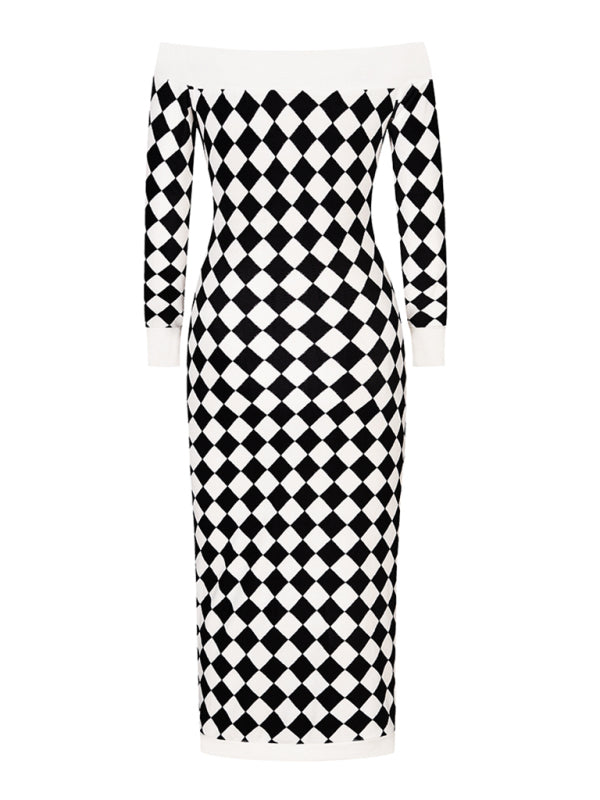 Women's sexy strapless long-sleeved plush knitted plaid dress Shello Creative Boutique