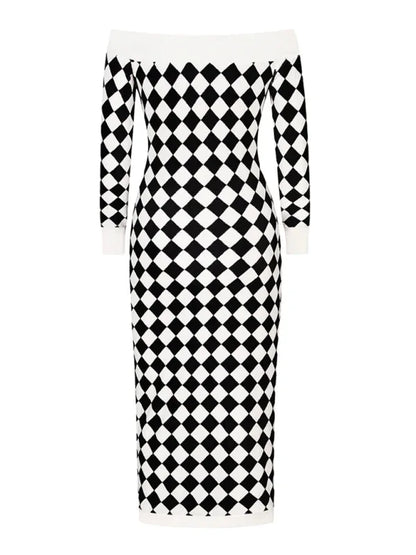 Women's Strapless Plush Knitted Plaid Dress with Long Sleeves - Shello's Creative Boutique