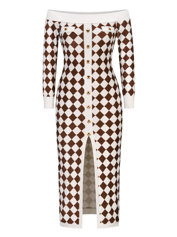 Women's sexy strapless long-sleeved plush knitted plaid dress Shello Creative Boutique
