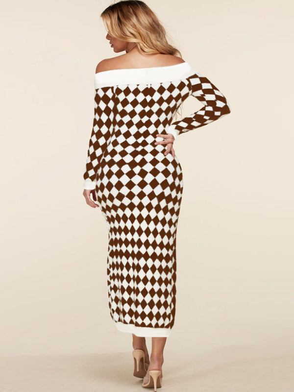 Women's sexy strapless long-sleeved plush knitted plaid dress Shello Creative Boutique