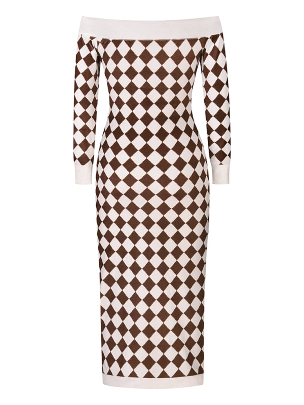 Women's sexy strapless long-sleeved plush knitted plaid dress Shello Creative Boutique