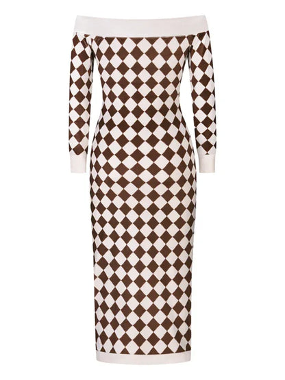 Women's Strapless Plush Knitted Plaid Dress with Long Sleeves - Shello's Creative Boutique