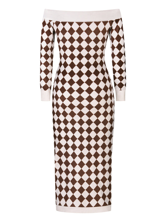 Women's sexy strapless long-sleeved plush knitted plaid dress Shello Creative Boutique
