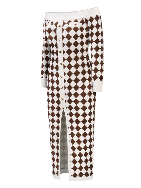 Women's sexy strapless long-sleeved plush knitted plaid dress Shello Creative Boutique