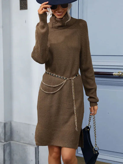 Women's High Neck Open Mid-Length Knitted Sweater Dress - Shello's Creative Boutique