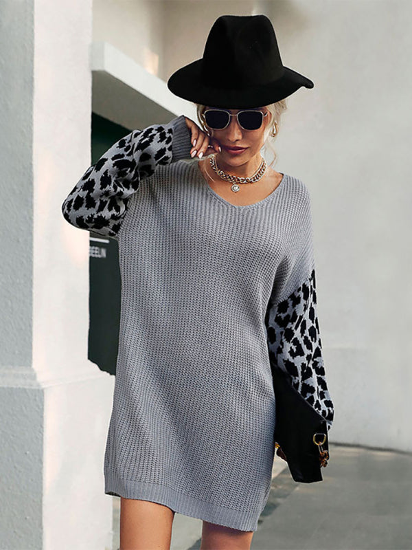 Women's leopard print splicing casual loose sweater dress (without belt) Shello's Creative Boutique