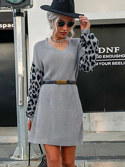 Women's Leopard Print Casual Sweater Dress - Splicing Loose Style (Without Belt) - Shello's Creative Boutique