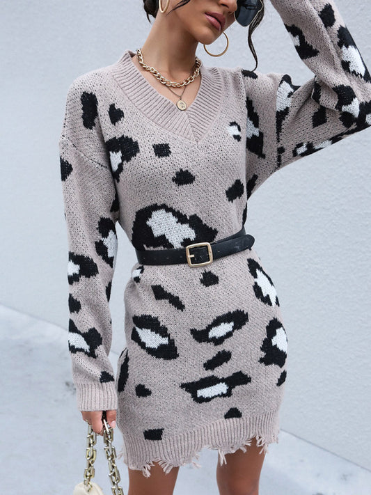 Women's knitted long-sleeved leopard print sweater dress (without belt) Shello's Creative Boutique
