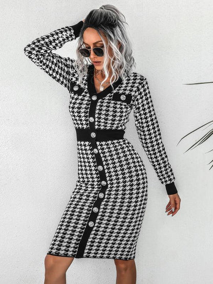 Women's V-Neck Knit Sweater Dress - Bird Check Color Collision for Cozy Elegance - Shello's Creative Boutique