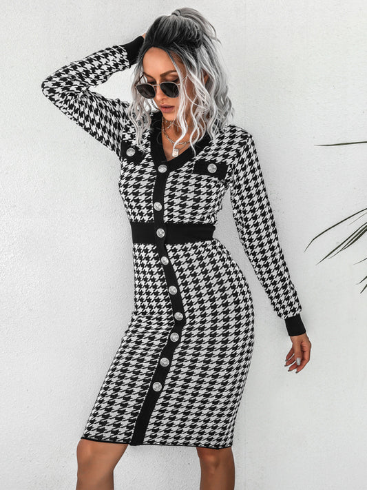Women's bird check color collision V-neck knit sweater dress Shello's Creative Boutique