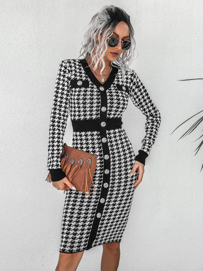 Women's V-Neck Knit Sweater Dress - Bird Check Color Collision for Cozy Elegance - Shello's Creative Boutique