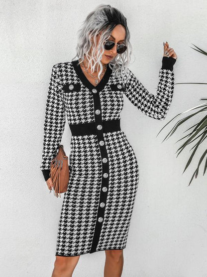 Women's V-Neck Knit Sweater Dress - Bird Check Color Collision for Cozy Elegance - Shello's Creative Boutique