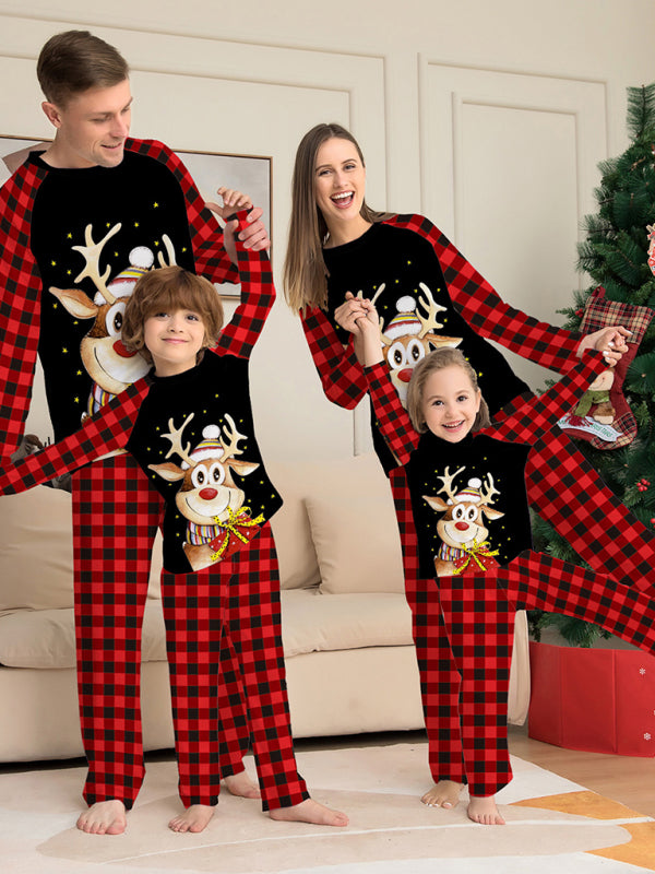 Cartoon deer plaid Christmas parent-child printed housewear pajamas Shello's Creative Boutique