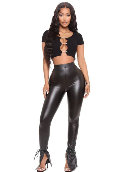 Skinny High Elastic Bandage Micro Flared Side Slit PU Leather Pants– Bold, Sculpted & Unapologetically Sexy - Shello's Creative Boutique