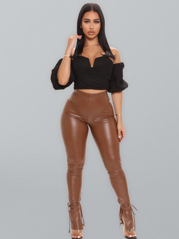 Skinny High Elastic Bandage Micro Flared Side Slit PU Leather Pants Shello's Creative Boutique