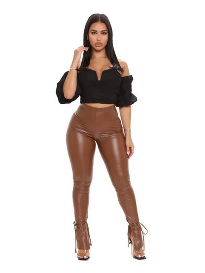Skinny High Elastic Bandage Micro Flared Side Slit PU Leather Pants– Bold, Sculpted & Unapologetically Sexy - Shello's Creative Boutique