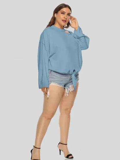 Plus Size Bow Long Sleeve T-Shirt with Shoulder Strap and Hollow Bow Design - Shello's Creative Boutique
