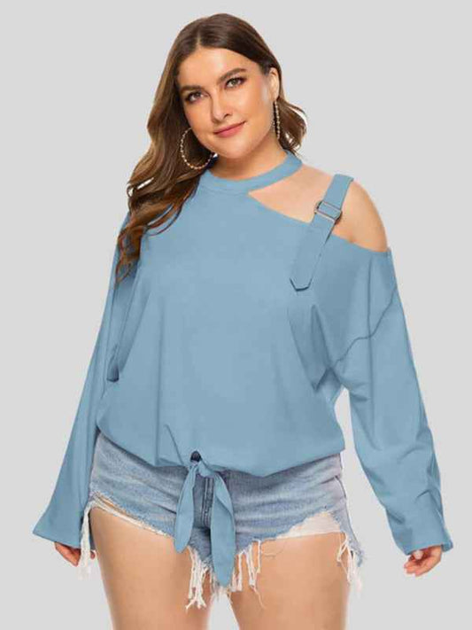 Plus Size Women's Shoulder Strap Hollow Bow Long Sleeve Slanted Shoulder T-Shirt
