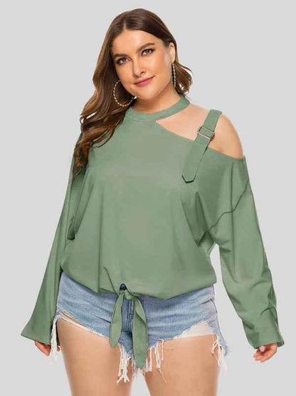 Plus Size Bow Long Sleeve T-Shirt with Shoulder Strap and Hollow Bow Design - Shello's Creative Boutique