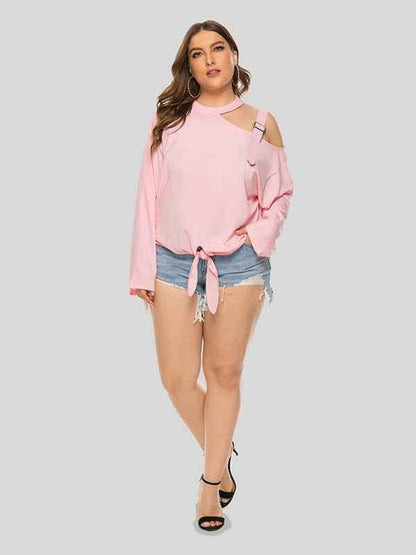 Plus Size Bow Long Sleeve T-Shirt with Shoulder Strap and Hollow Bow Design - Shello's Creative Boutique