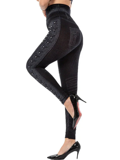 High Waist Beaded Leggings Stretch Slim Cropped Pants - Shello's Creative Boutique