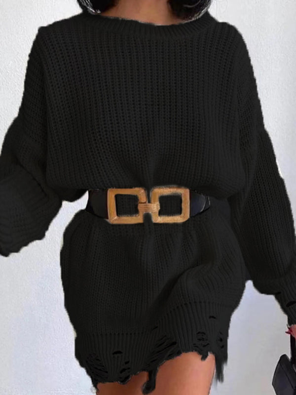 Women's solid color crew neck ripped sweater dress Shello's Creative Boutique